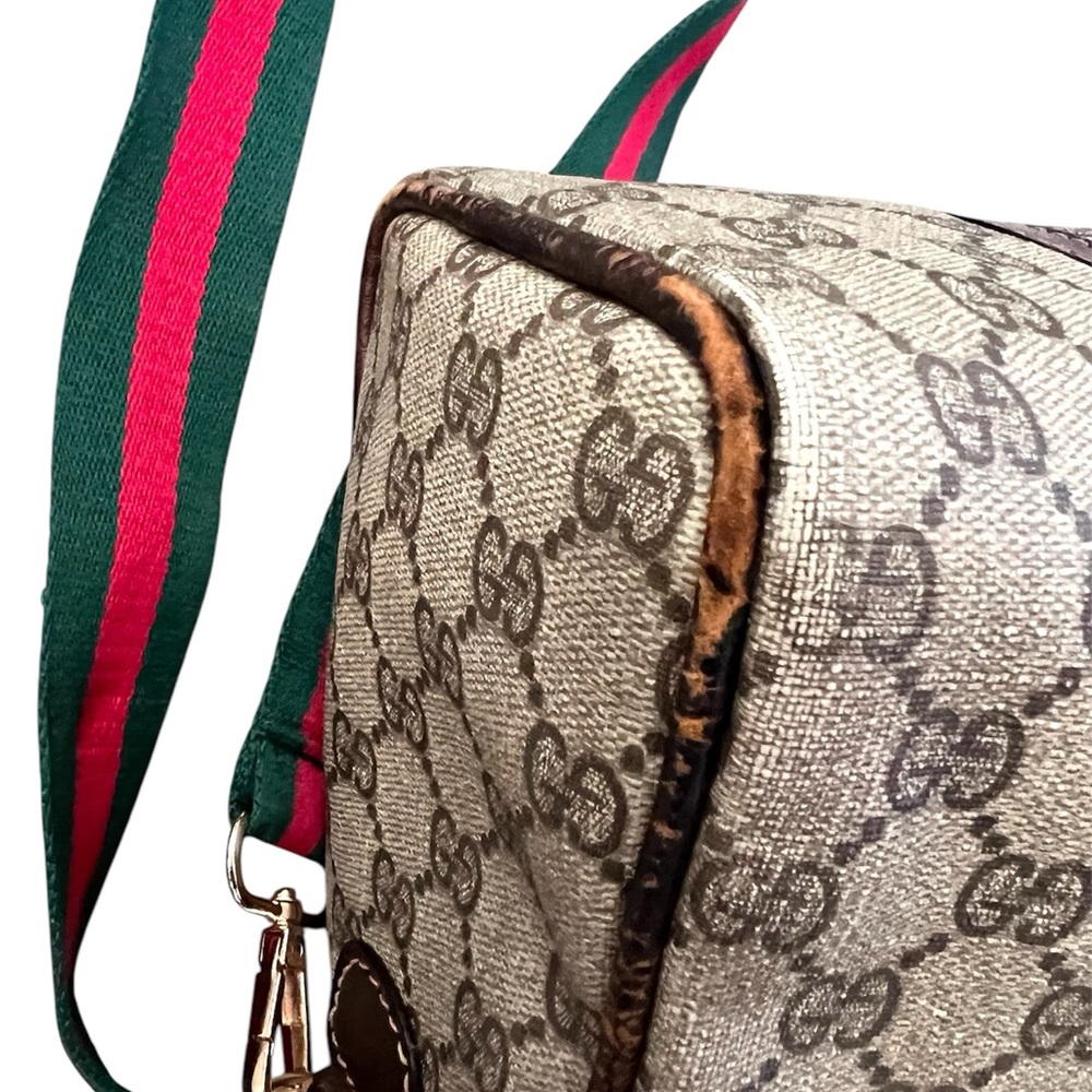 Gucci Beige GG Supreme Canvas Travel Duffle with Green-Red Stripe - Picture 11 of 13
